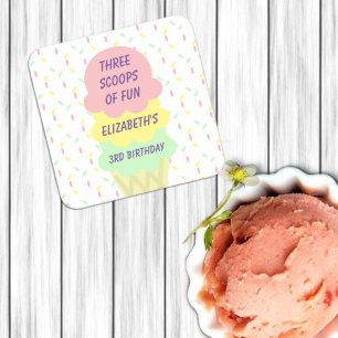 Ice Cream 3rd Birthday Square Paper Coaster