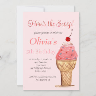 Ice Cream 5th Birthday Girl Pink Watercolor Invitation