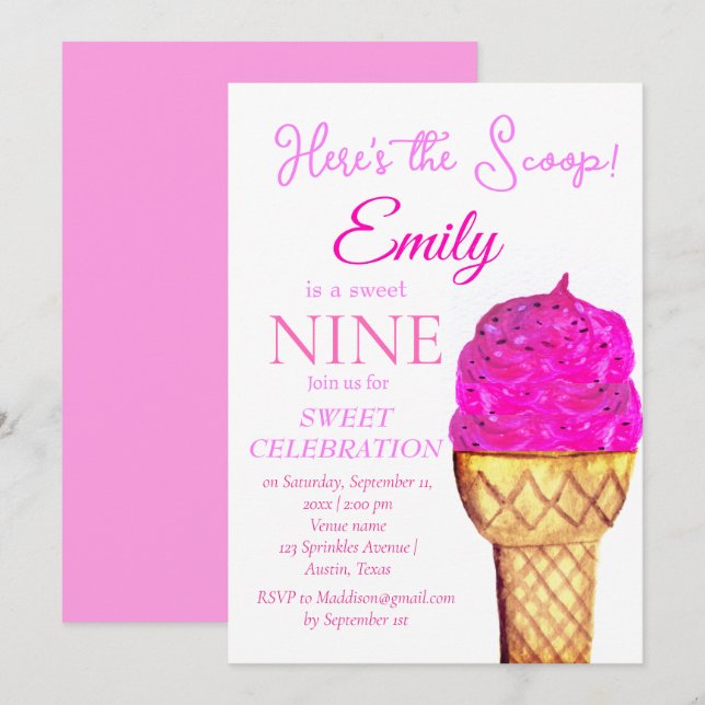 Ice Cream 9th Birthday Girl Pink Watercolor Invitation (Front/Back)