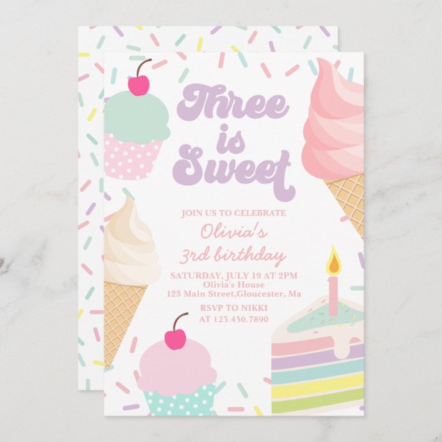 Ice Cream and Cake 3rd Birthday Invitation (Front/Back)
