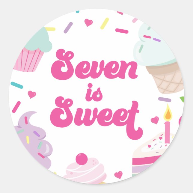Ice Cream and Cake Seven is Sweet 7th Birthday Classic Round Sticker (Front)