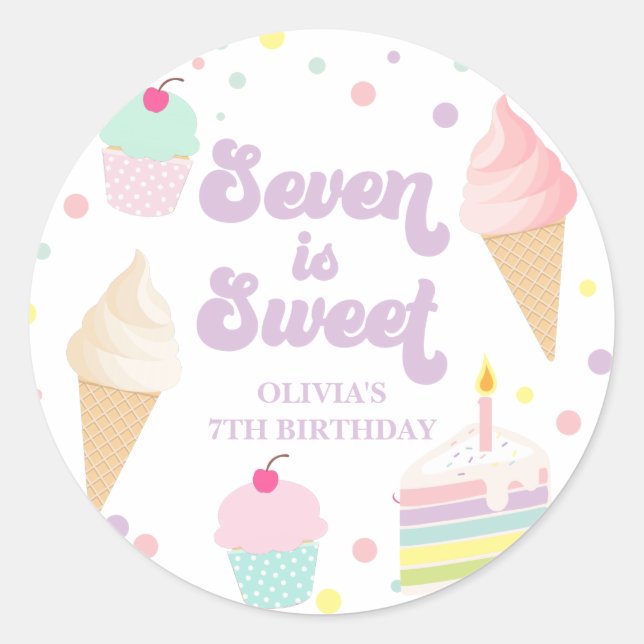 Ice Cream and Cake Seven is Sweet 7th Birthday Classic Round Sticker (Front)