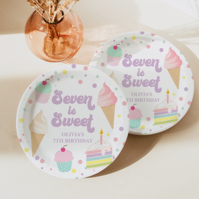 Ice Cream and Cake Seven is Sweet 7th Birthday Paper Plate (Creator Uploaded)