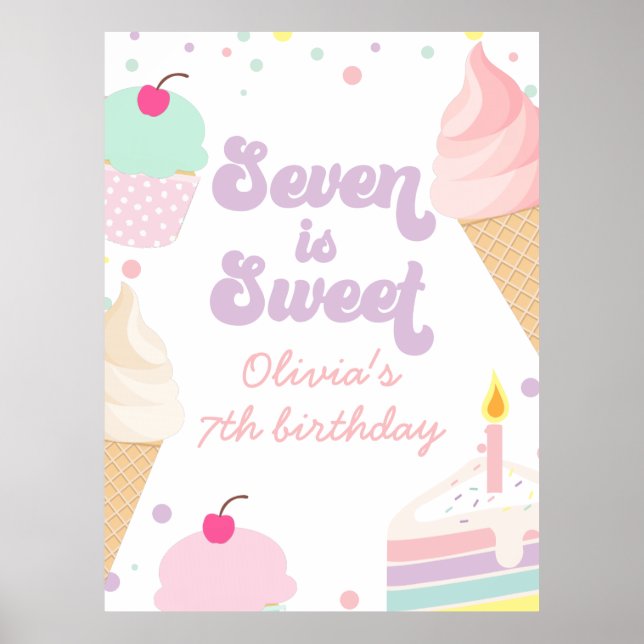 Ice Cream and Cake Seven is Sweet 7th Birthday Poster (Front)
