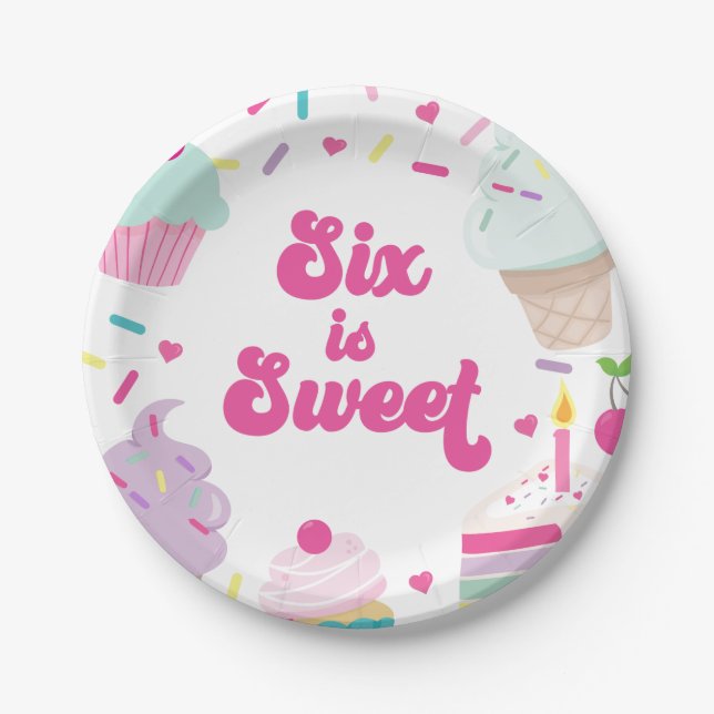 Ice Cream and Cake Six is Sweet 6th Birthday Paper Plate (Front)