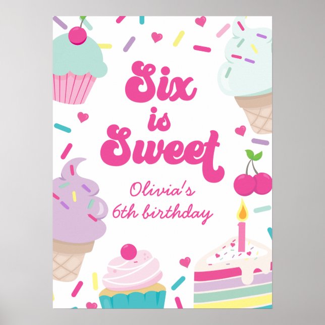 Ice Cream and Cake Six is Sweet 6th Birthday Poster (Front)