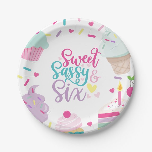 Ice Cream and Cake Sweet Sassy Six 6th Birthday Paper Plate (Front)