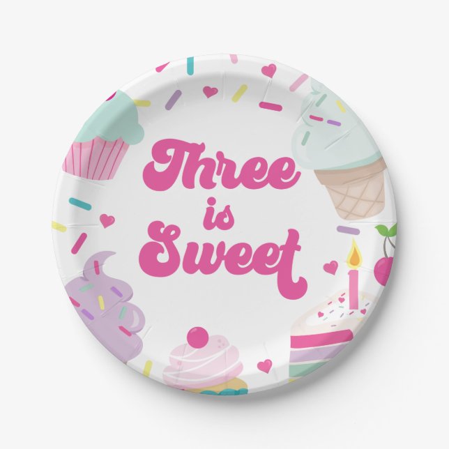 Ice Cream and Cake Three is Sweet 3rd Birthday Paper Plate (Front)