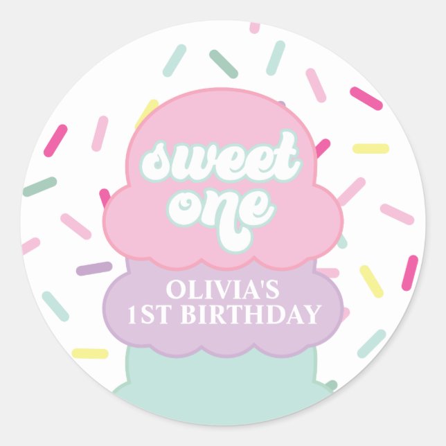 Ice Cream and Sprinkles Sweet One 1st Birthday Classic Round Sticker (Front)