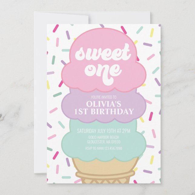 Ice Cream and Sprinkles Sweet One 1st Birthday Inv Invitation (Front)