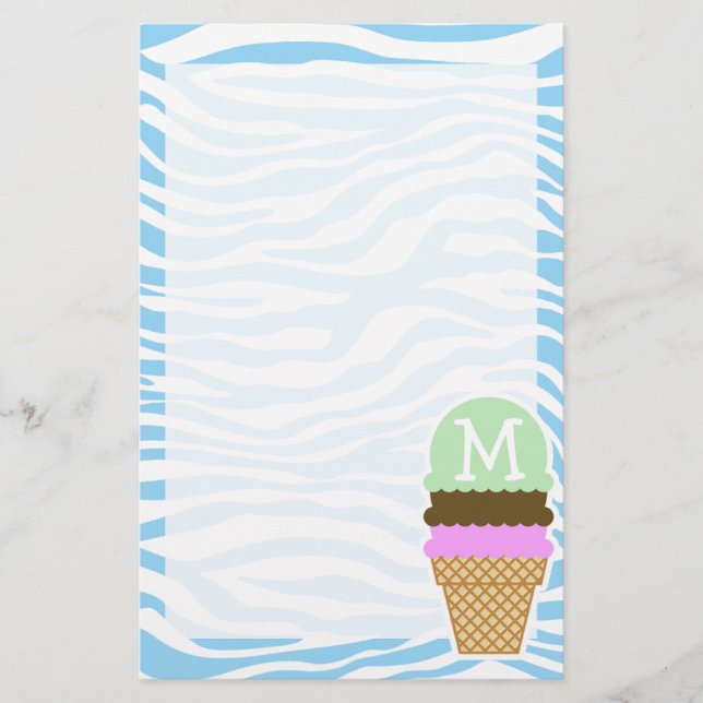 Ice Cream Baby Blue Zebra Animal Print Stationery (Front)