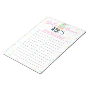 Ice Cream Baby Shower ABC Baby Name Game Pack Notepad
