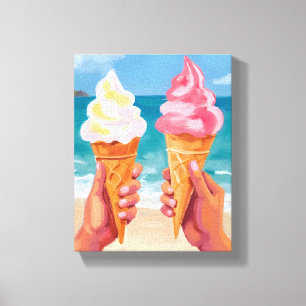 Ice Cream Beach Ocean Watercolor Painting Canvas Print