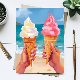 Ice Cream Beach Ocean Watercolor Painting Postcard