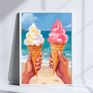 Ice Cream Beach Ocean Watercolor Painting Poster