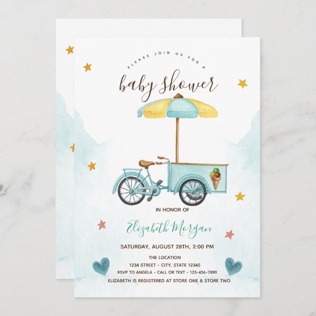 Ice Cream Bicycle Pink Striped Baby Shower  Invitation (Front/Back)