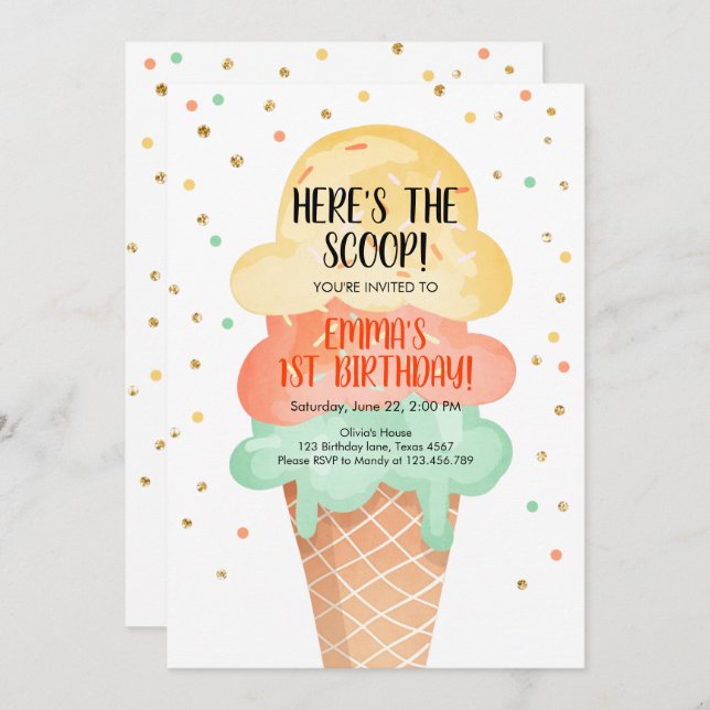 Ice Cream Birthday Here's the Scoop Party Summer Invitation (Front/Back)