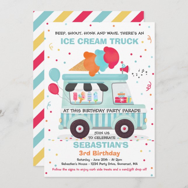 Ice Cream Birthday Party Drive By Birthday Parade Invitation (Front/Back)
