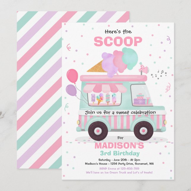 Ice Cream Birthday Party Ice Cream Truck Birthday Invitation (Front/Back)