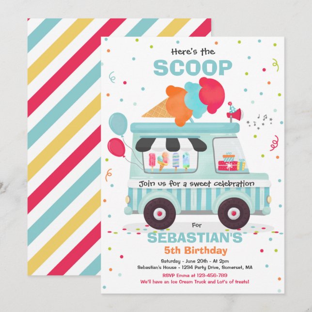 Ice Cream Birthday Party Ice Cream Truck Birthday Invitation (Front/Back)