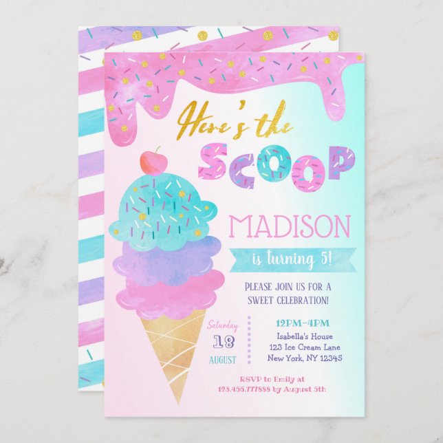 Ice Cream Birthday Party Invitation Two Sweet  (Front/Back)