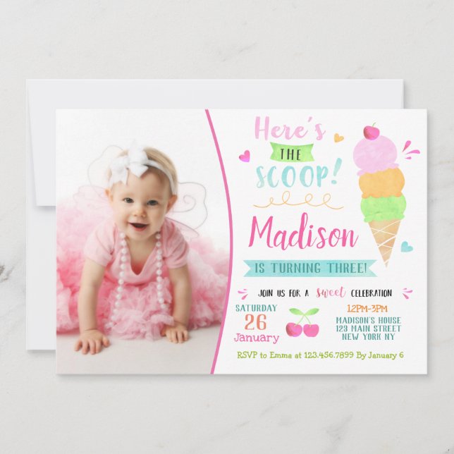 Ice Cream Birthday Party Invitations with Photo (Front)
