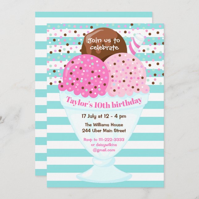 Ice Cream Birthday Party Pink and Turquoise Invitation (Front/Back)