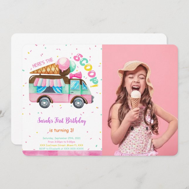 Ice Cream Birthday Photo Invitation (Front/Back)