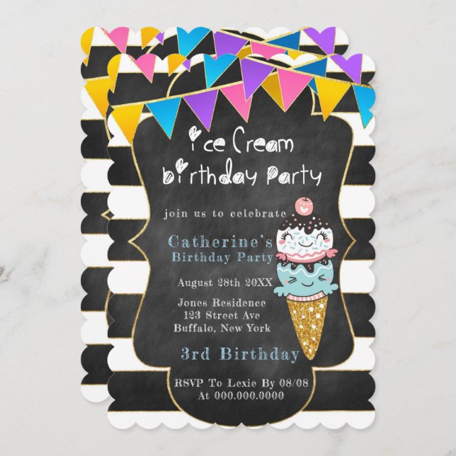  Ice Cream Black Chalkboard Gold Birthday Party  (Front/Back)