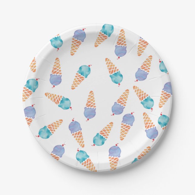 Ice cream blue and purple watercolour party plates (Front)