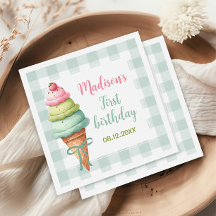 Ice Cream Blue Bow Gingham Birthday Party Napkin