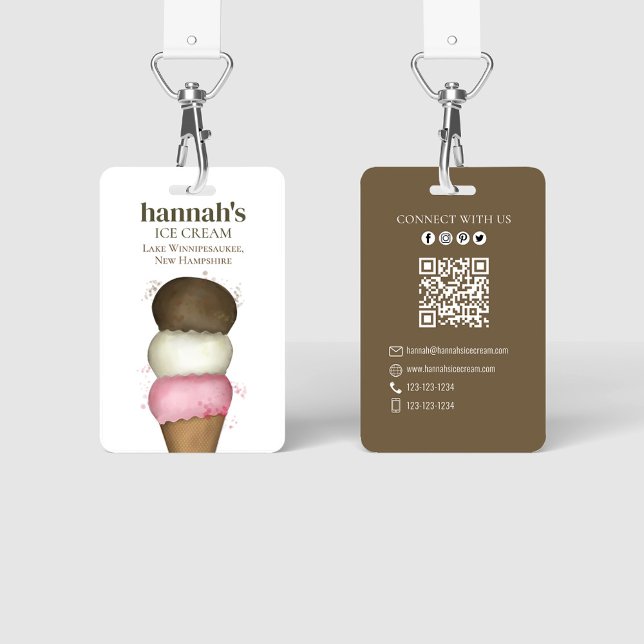 Ice Cream Business QR Code Employee Name Template ID Badge (Custom ice cream employee badge with photo, name, and QR code for cafés and dessert shops.)
