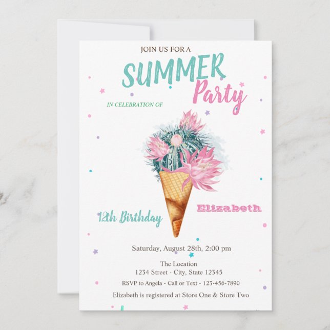 Ice cream Cactus Flowers Summer Birthday Party Invitation (Front)