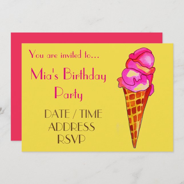 Ice-cream colourful girl's birthday party invitation (Front/Back)