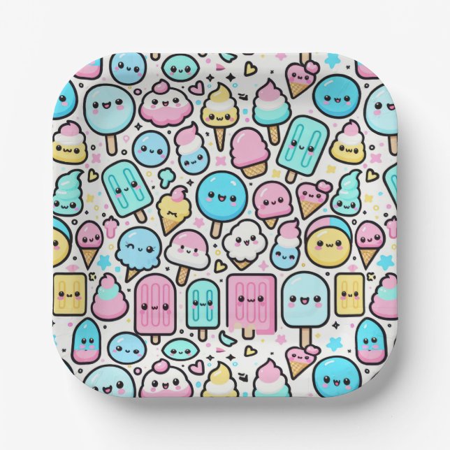 Ice Cream Cone and Popsicle Doodles Paper Plate (Front)