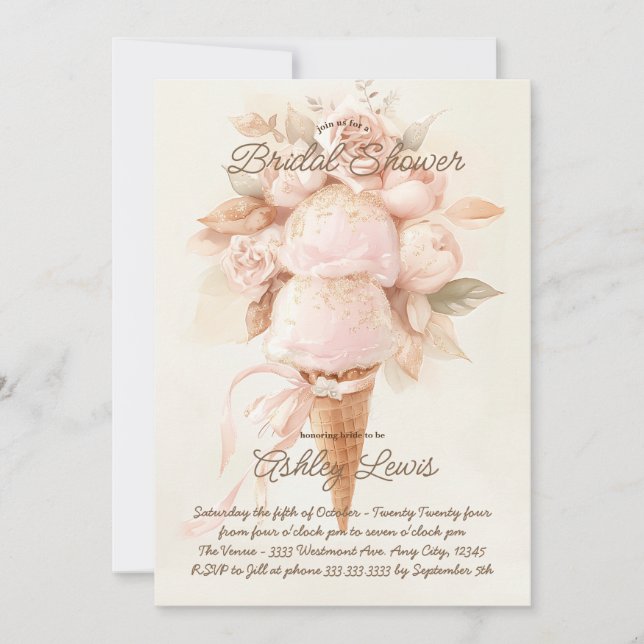 Ice cream cone boho Bridal shower chic gold Invitation (Front)