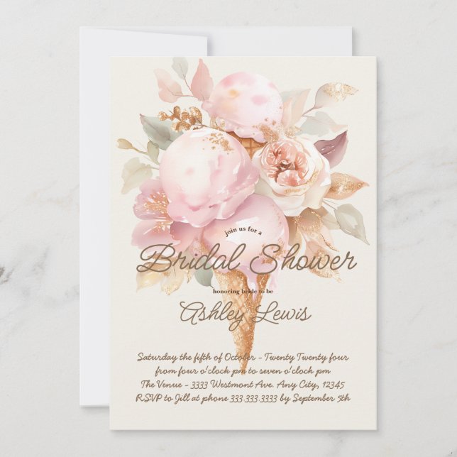 Ice cream cone gold floral pink ice cream  invitation (Front)