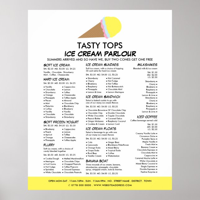 Ice Cream Cone, Ice Cream Parlour Menu Poster (Front)