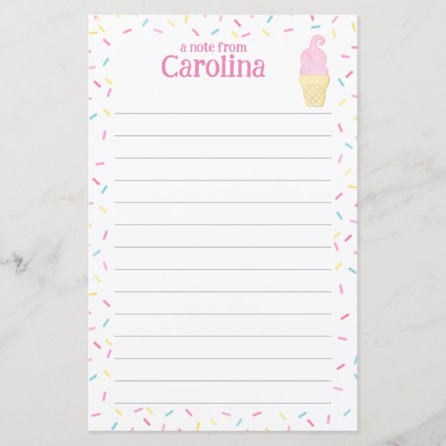 Ice Cream Cone Kids Lined Letter Writing Paper (Front)