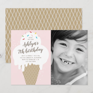 Ice cream cone kids photo birthday party invitation
