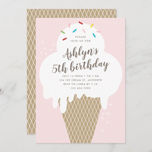 Ice cream cone kids pink birthday party invitation (Front/Back)
