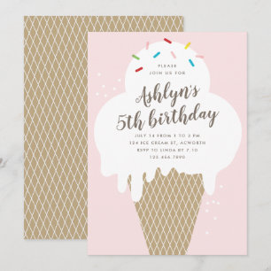 Ice cream cone kids pink birthday party invitation