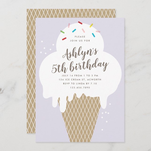Ice cream cone kids purple birthday party invitation (Front/Back)
