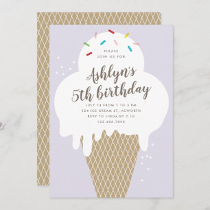 Ice cream cone kids purple birthday party invitation