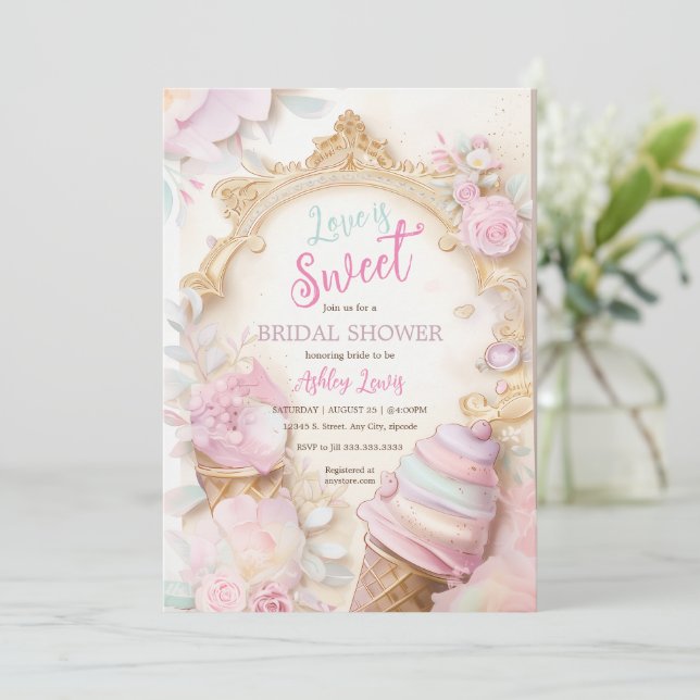 Ice cream cone pastel ice cream bridal invitation (Standing Front)