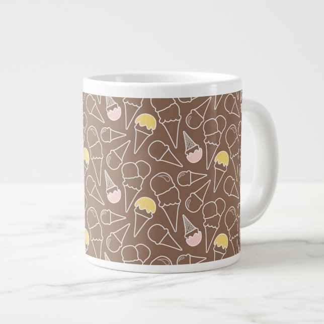 Ice Cream Cone Pattern on Brown Large Coffee Mug (Front Right)