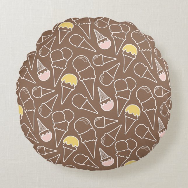 Ice Cream Cone Pattern on Brown Round Cushion (Front)
