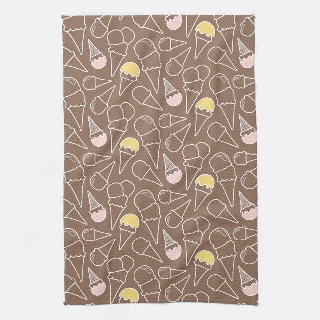 Ice Cream Cone Pattern on Brown Tea Towel (Vertical)