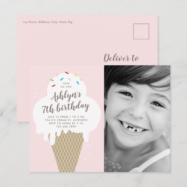 Ice Cream Cone Photo Kids Birthday Party Invitation Postcard (Front/Back)