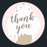 Ice cream cone pink kids thank you classic round sticker<br><div class="desc">A fun kids birthday thank you sticker featuring hand drawn ice cream cone with rainbow sprinkles.</div>